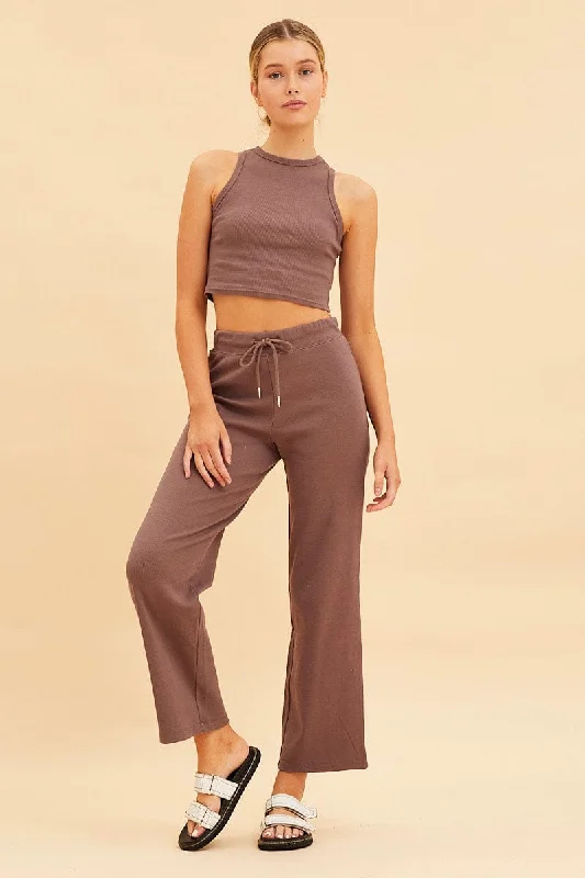 Glamorous Evening Wear Brown Wide Leg Pant Rib Crop Drawstring Waist