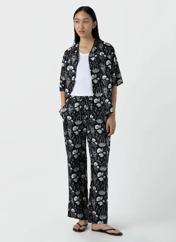 Women's Clothing For Work Women's Silk Leaf Print Drawstring Trouser in Black