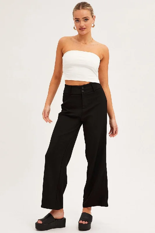 Edgy Fashion Black Mid Rise Pant Tailored Wide Leg