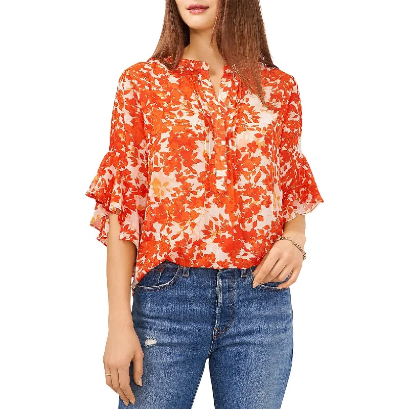 Chic Styles Womens Floral Print Pintuck Button-Down Top