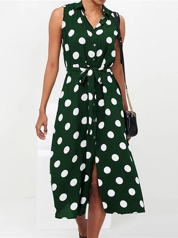 Modern Women's Clothes Polka Dot Print Lace-Up Sleeveless Shirt Dress