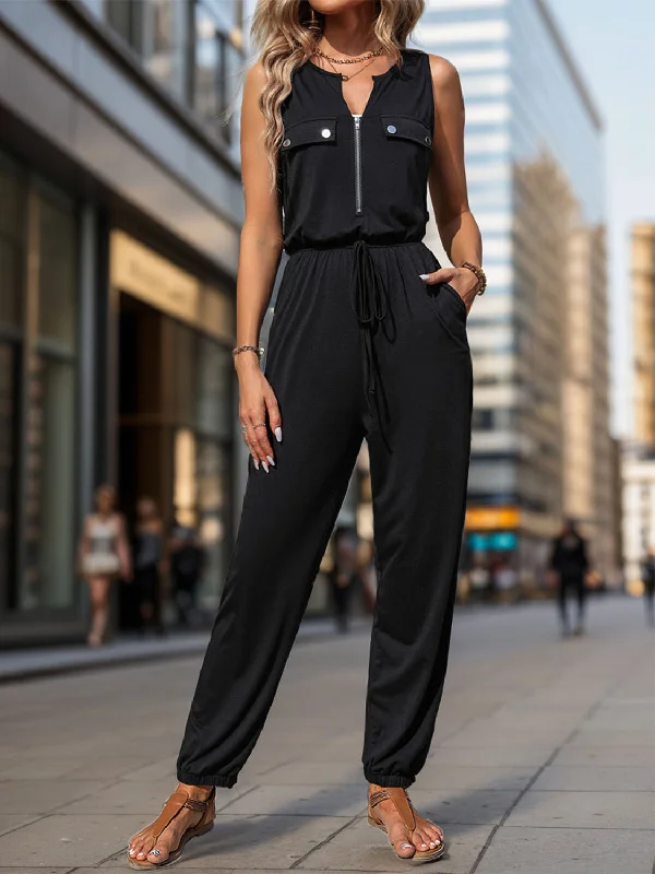 Luxury Women's Clothes Half Zip Sleeveless Jumpsuit with Pockets