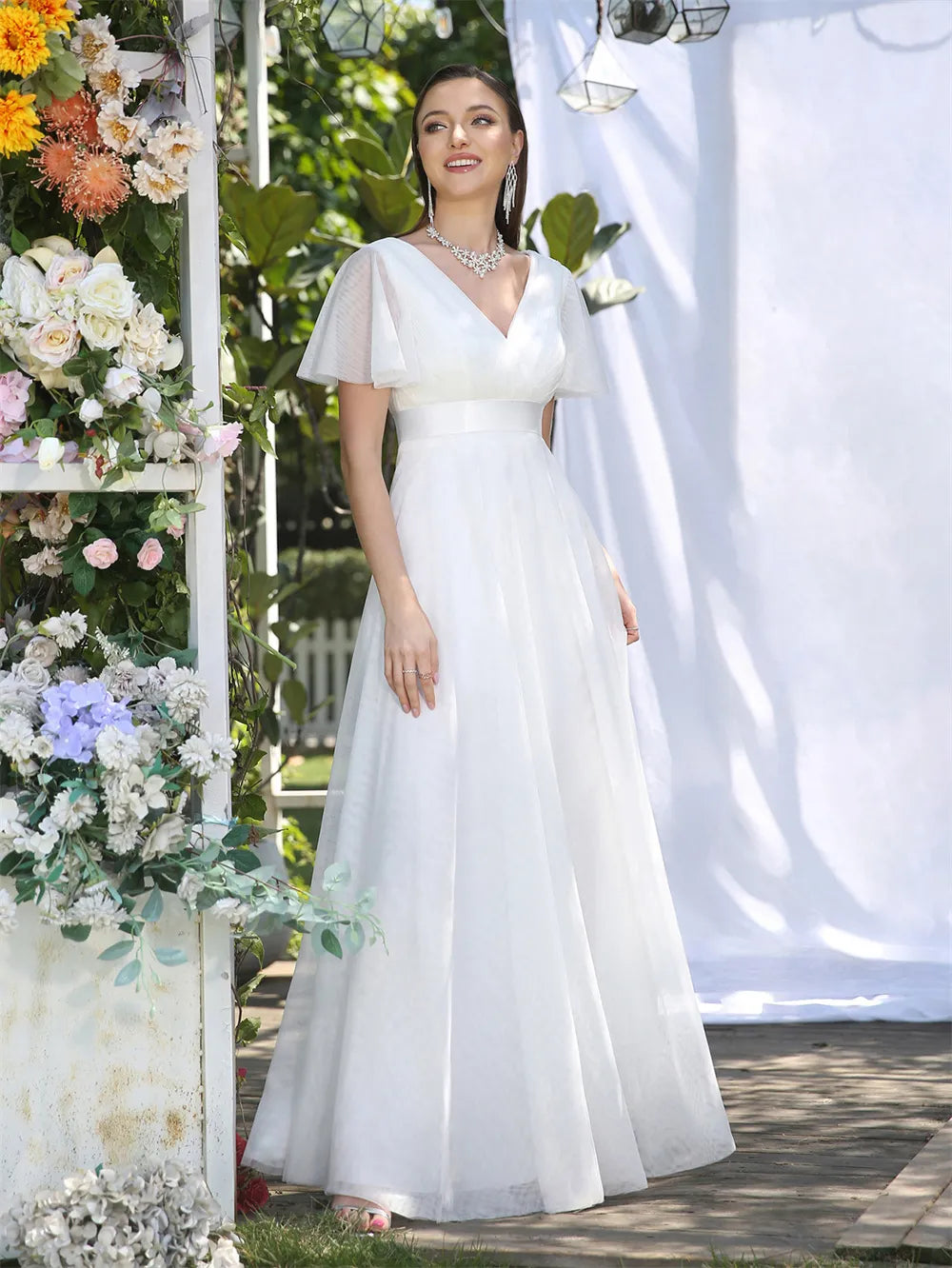 Women's Tops And Clothing Simple Ivory Bridesmaid Dresses Women 2023 A-Line Puffer Short Sleeve V-Neck Pleat Tulle Open Back Wedding Party Gowns With Belt Women's Tops And Clothing Simple Ivory Bridesmaid Dresses Women 2023 A-Line Puffer Short Sleeve V-Neck Pleat Tulle Open Back Wedding Party Gowns With Belt