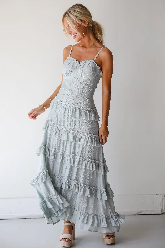 Stylish Women's Apparel FINAL SALE - Flattering Attitude Light Blue Ruffle Tiered Maxi Dress