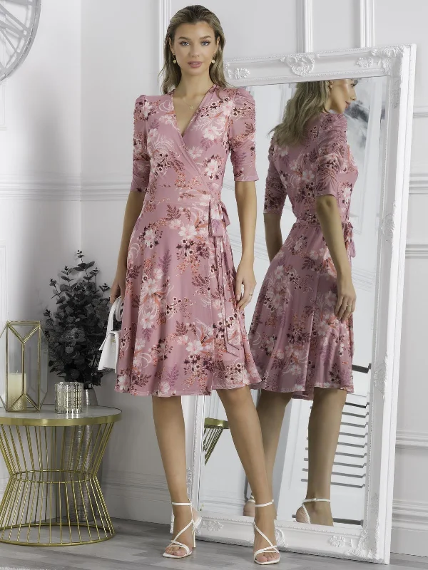 Stylish And Comfortable Clothing For Women Elodea Mesh Ruched Sleeve Wrap Dress, Pink Floral Stylish And Comfortable Clothing For Women Elodea Mesh Ruched Sleeve Wrap Dress, Pink Floral