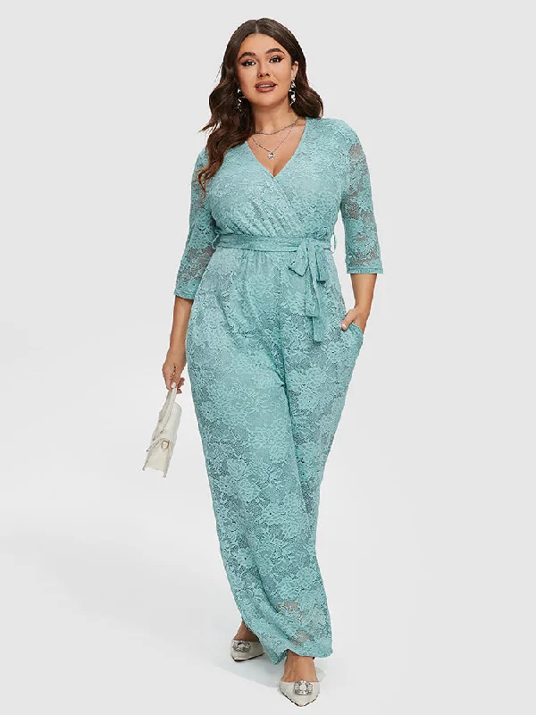 Clothing Store Solid Contrast Lace Belted Jumpsuit