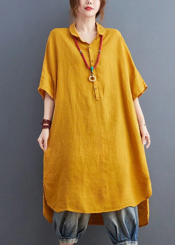 Sales For Clothes Loose Yellow Peter Pan Collar Patchwork Cotton Shirts Dress Summer