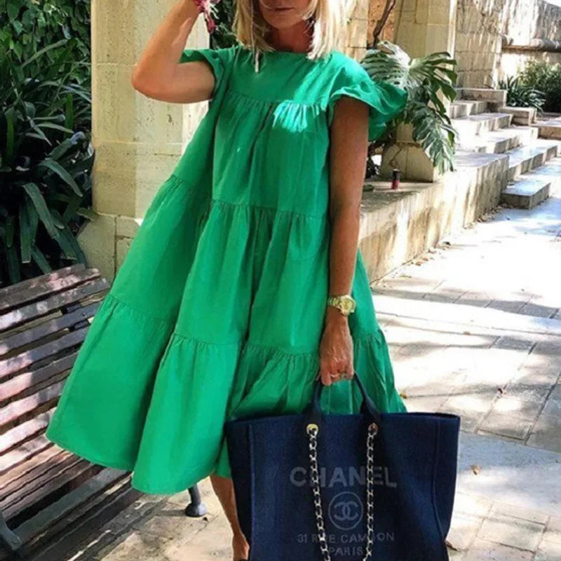 Comfortable Women's Clothes Casual Loose Short Flying Retro Round Neck Solid Midi Dress