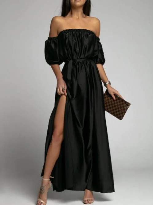 Stylish Outerwear Clothes For Women One-Shoulder Short Sleeve Slit Dress
