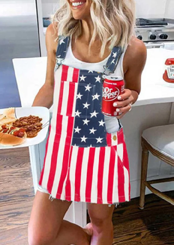 Women's Occasion Wear Clothes Diy Red Blue Pocket Striped Patchwork Independence Day Print Cotton Strap Dress Summer Women's Occasion Wear Clothes Diy Red Blue Pocket Striped Patchwork Independence Day Print Cotton Strap Dress Summer
