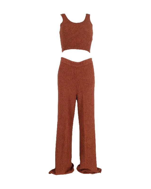 High-Fashion Women's Clothing Reformation + Net Sustain Isle Bouclé Cropped Top And Wide-Leg Pants Set in Brown Organic Cotton High-Fashion Women's Clothing Reformation + Net Sustain Isle Bouclé Cropped Top And Wide-Leg Pants Set in Brown Organic Cotton