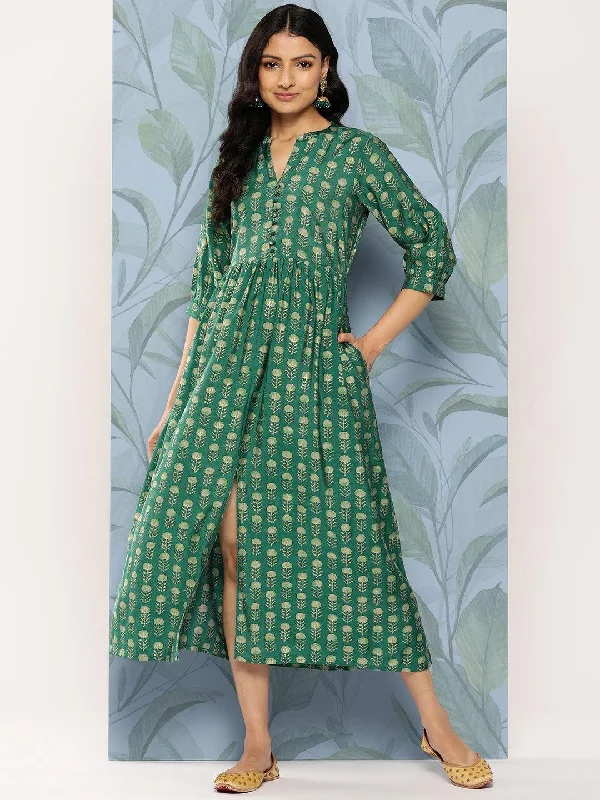 Evening Looks Green Printed Silk Fit and Flare Dress