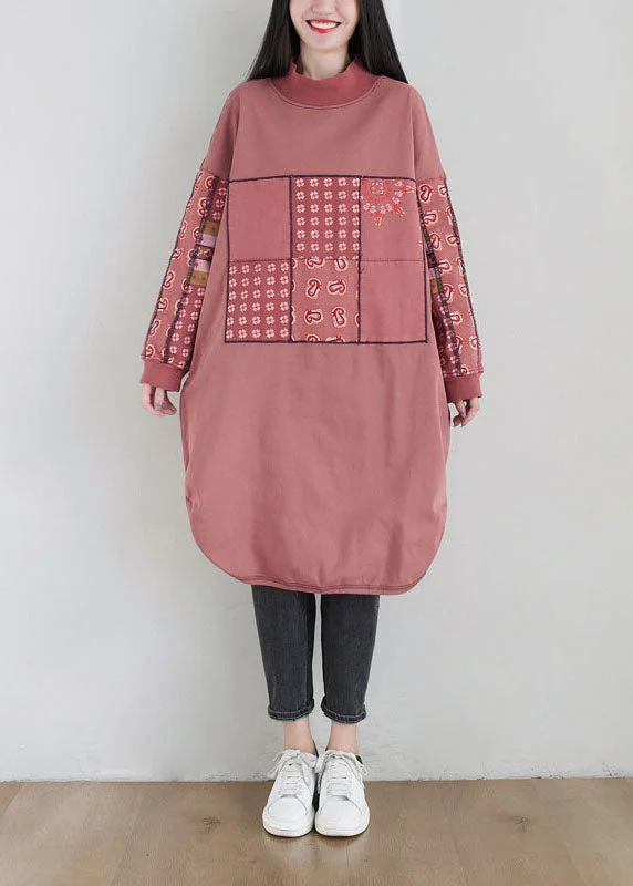 Women's Vacation Clothes Plus Size Pink Stand Collar Print Cotton Loose Sweatshirt Dress Spring Women's Vacation Clothes Plus Size Pink Stand Collar Print Cotton Loose Sweatshirt Dress Spring
