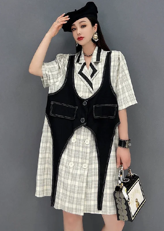 Vintage-Inspired Women's Clothes French Colorblock Peter Pan Collar Patchwork Plaid Cotton Fake Two Piece Dresses Short Sleeve Vintage-Inspired Women's Clothes French Colorblock Peter Pan Collar Patchwork Plaid Cotton Fake Two Piece Dresses Short Sleeve