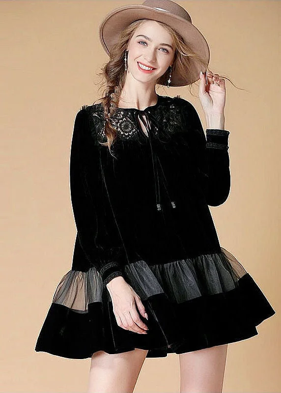 Comfort First Women's Fashion Women Black Embroideried Patchwork Velour Mini Dress Spring