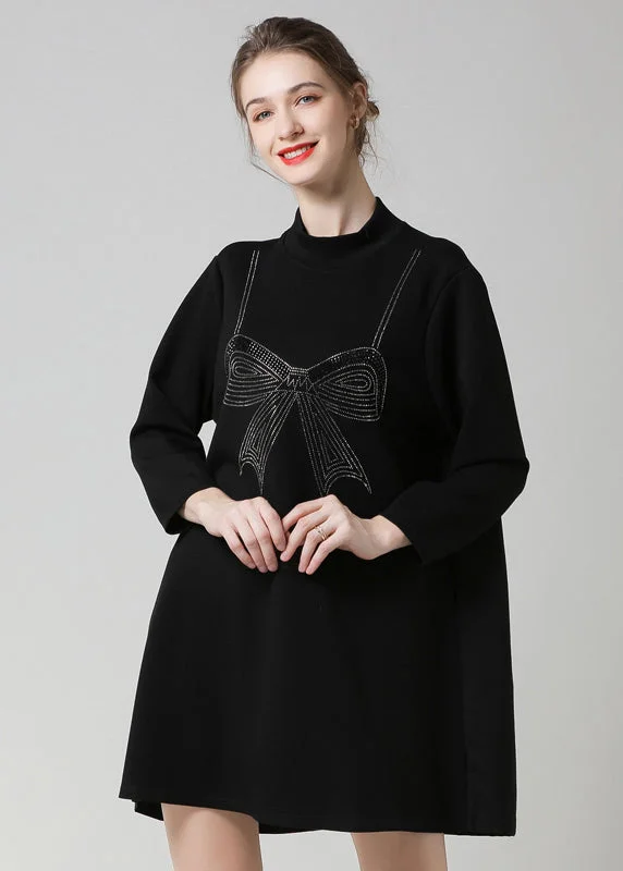 Modern Women's Fashion with Vintage Touches Modern Black High Neck Ruffled Patchwork Bow Cotton Robe Dresses Spring