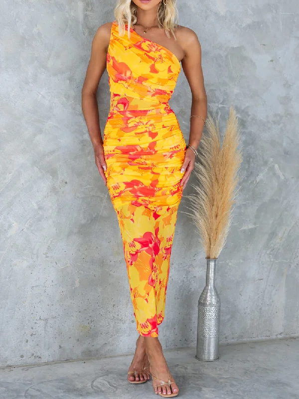 Classic Women's Clothing Styles Mesh Overlay Printed One Graceful Shoulder Ruched Stretch Maxi Dress Classic Women's Clothing Styles Mesh Overlay Printed One Graceful Shoulder Ruched Stretch Maxi Dress