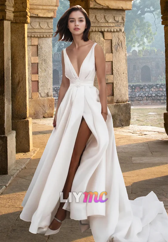 Fashionable Women's Clothing V-Neck Sleeveless Pleated Satin A-Line Wedding Dress