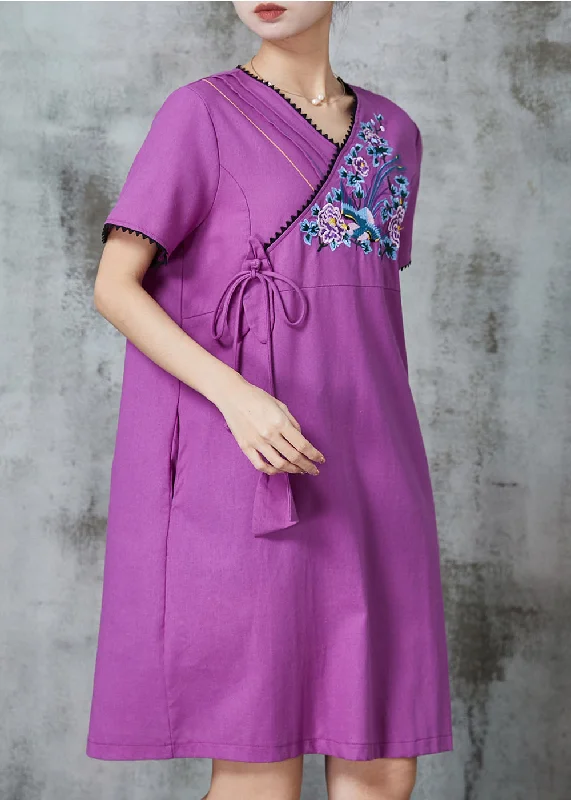 Timeless Women's Fashion Styles Beautiful Purple Embroidered Cotton Maxi Dress Summer