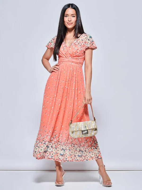 Women's Clothing For Special Occasions Mirrored Floral Print Mesh Maxi Dress, Orange Multi Women's Clothing For Special Occasions Mirrored Floral Print Mesh Maxi Dress, Orange Multi