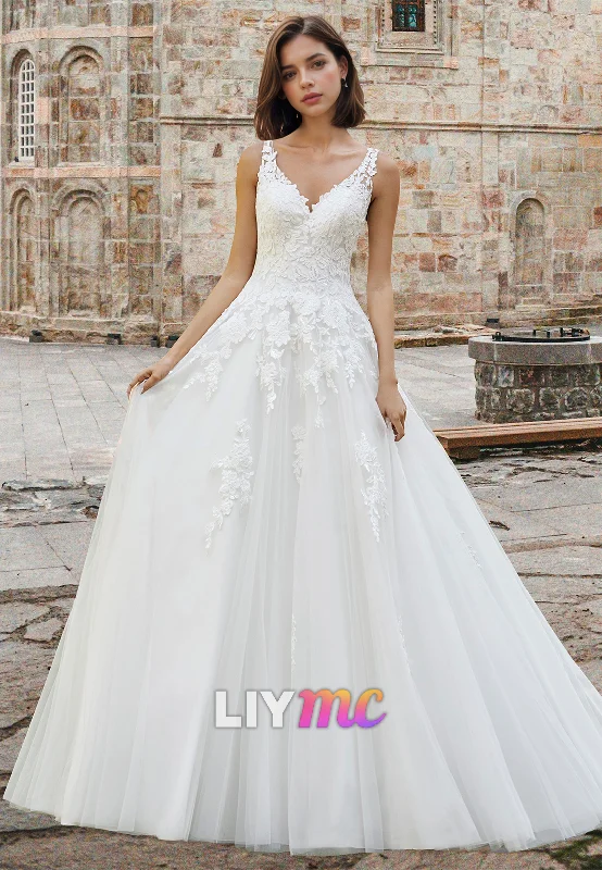 Women's Clothing For Casual Outings V-Neck Sleeveless Lace Appliques Pleated Tulle A-Line Wedding Dress Women's Clothing For Casual Outings V-Neck Sleeveless Lace Appliques Pleated Tulle A-Line Wedding Dress
