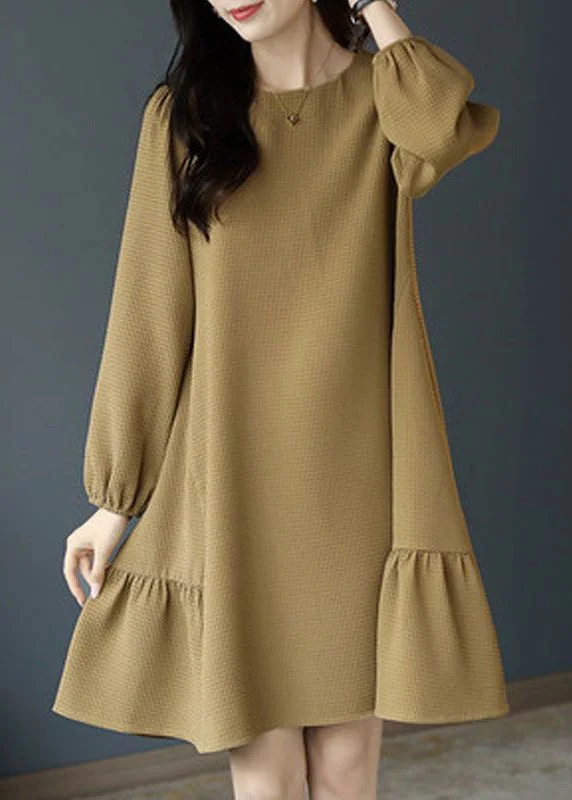 Women's Clothing For Outdoor Events Elegant Khaki O Neck Sashes Cotton Mid Dress Long Sleeve Women's Clothing For Outdoor Events Elegant Khaki O Neck Sashes Cotton Mid Dress Long Sleeve