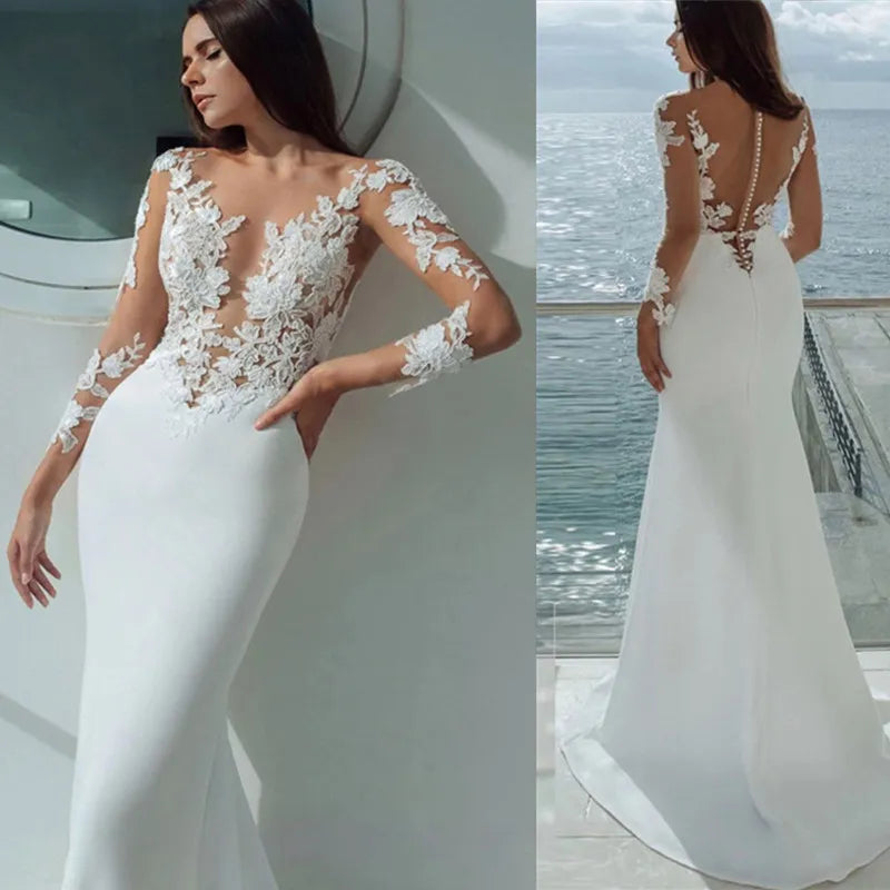 Fashionable Women's Clothes Long Sleeves Mermaid Wedding Dresses White Sexy Illusion Neck Lace Appliques Elegant Bridal Dress Gowns Beach Vestidos De Noiva Fashionable Women's Clothes Long Sleeves Mermaid Wedding Dresses White Sexy Illusion Neck Lace Appliques Elegant Bridal Dress Gowns Beach Vestidos De Noiva
