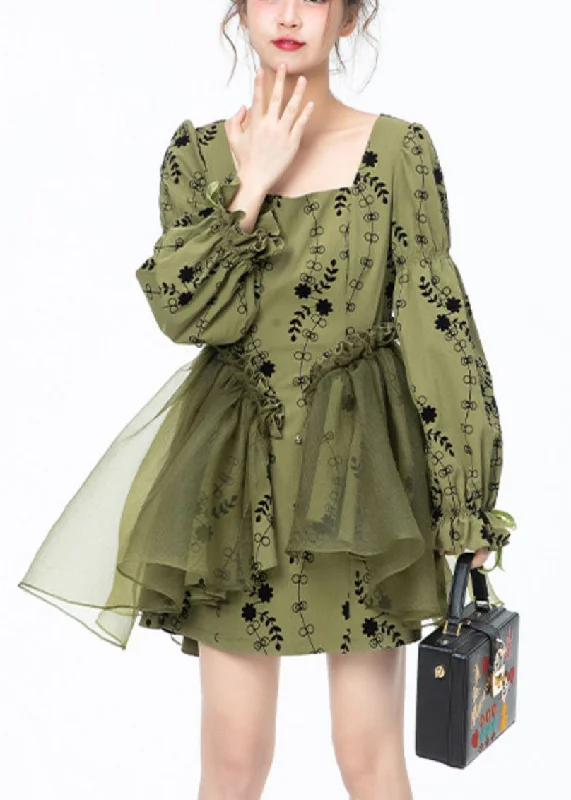 Clothes Woman Beautiful Green Square Collar Print Tulle Patchwork Mid Dresses Long Sleeve