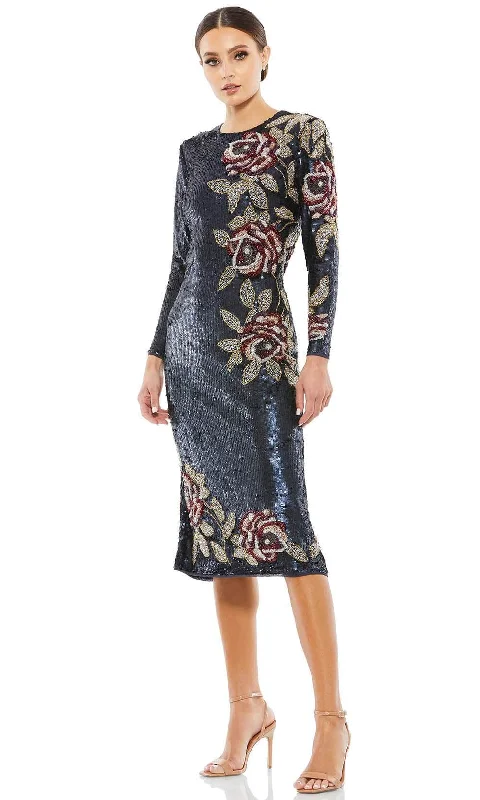 Sale For Women Mac Duggal 93624 - Floral Beadwork Long Sleeved Midi Dress