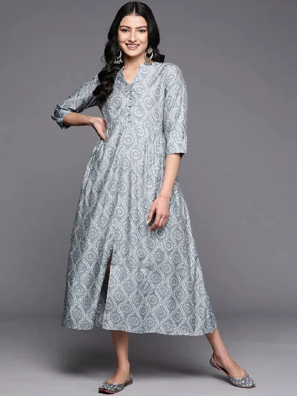 Trendy Threads Grey Printed Silk Fit and Flare Dress