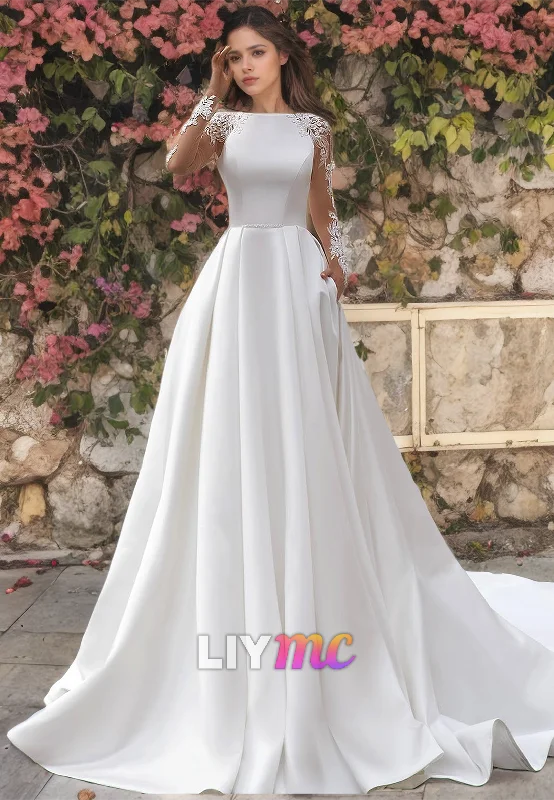 Women's Formal Event Clothing Bateau Long Sleeves Appliques A-Line Wedding Dress