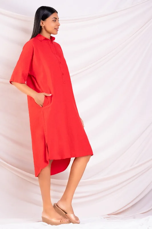 Stylish Outerwear Clothing For Women Red Oversized Midi Shirt Dress
