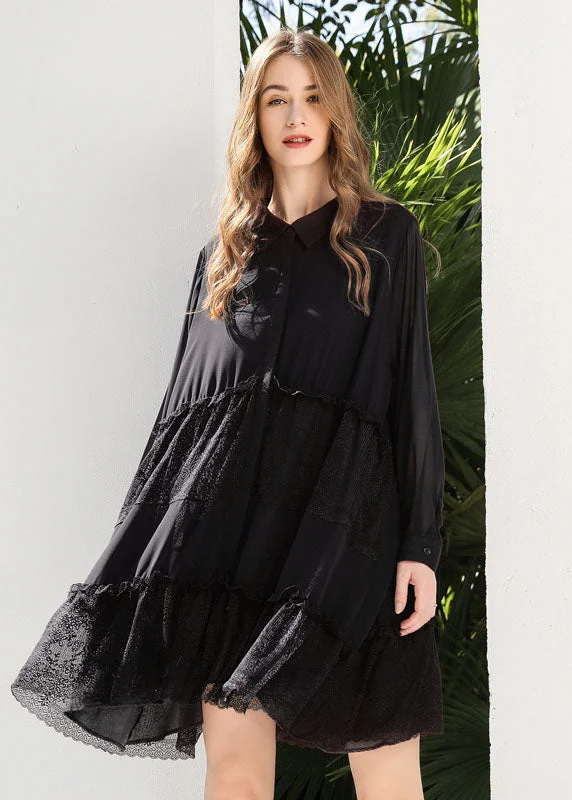 High Street Women's Fashion for Trendy Shoppers Fashion Black Peter Pan Collar Lace Patchwork Chiffon Holiday Dress Spring