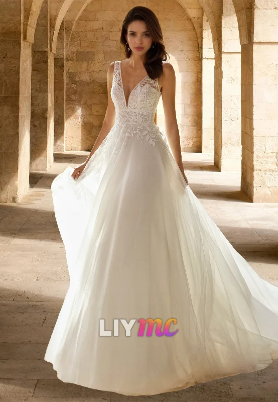 Women's Clothing For Special Occasions V-Neck Sleeveless Lace Appliques Tulle Ball Gown A-Line Wedding Dress Women's Clothing For Special Occasions V-Neck Sleeveless Lace Appliques Tulle Ball Gown A-Line Wedding Dress