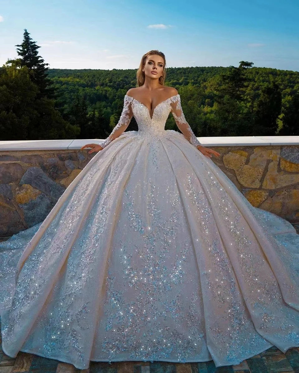 Women's Clothing For Outdoor Events Luxury Full Sleeves Shiny Sequined Beading Wedding Dresses 2024 Off Shoulder V-Neck Backless Dubai Bridal Gowns Vestido De Noiva Women's Clothing For Outdoor Events Luxury Full Sleeves Shiny Sequined Beading Wedding Dresses 2024 Off Shoulder V-Neck Backless Dubai Bridal Gowns Vestido De Noiva