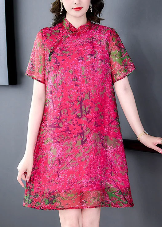 Premium Fabrics Elegant Rose Stand Collar Print Silk Mid Dress Summer