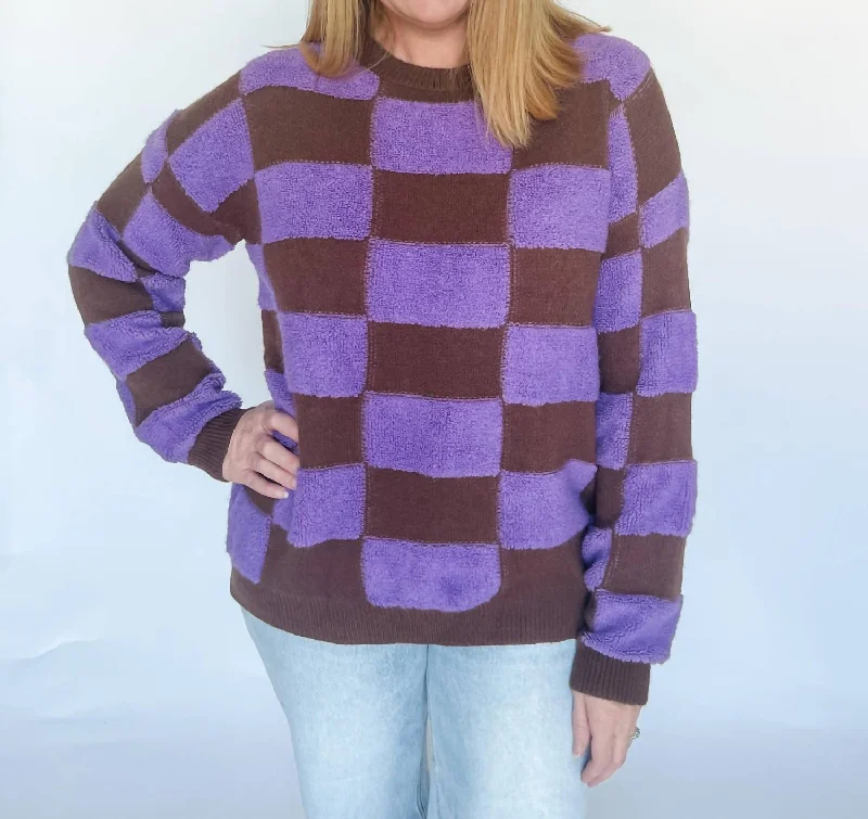 Stylish Outerwear Clothing For Women Old Faithful Checker Sweater In Brown And Purple