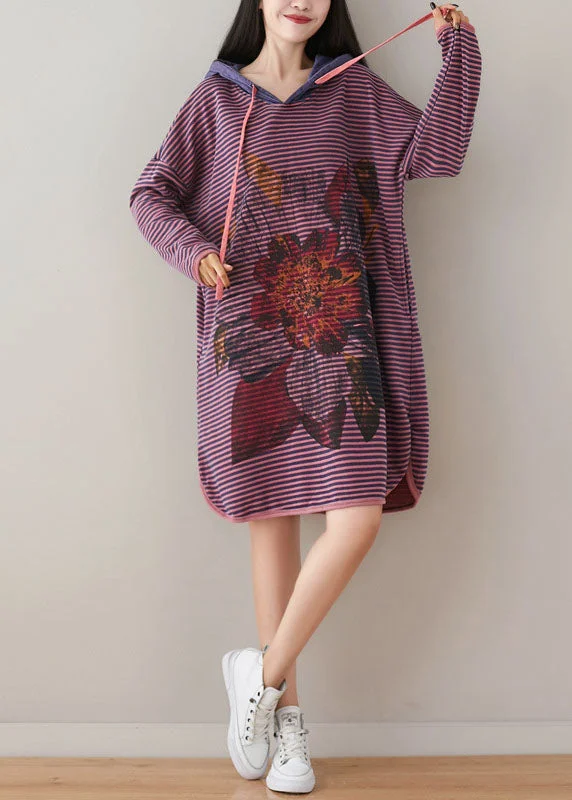 Women's Everyday Clothes Plus Size Purple Hooded Striped Print Cotton Sweatshirt Dress Spring