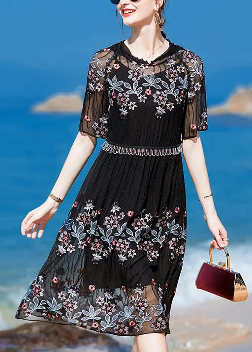 Women's Clothes For The Office Vintage Black Hooded Embroideried 2024 Silk Holiday Dress Short Sleeve