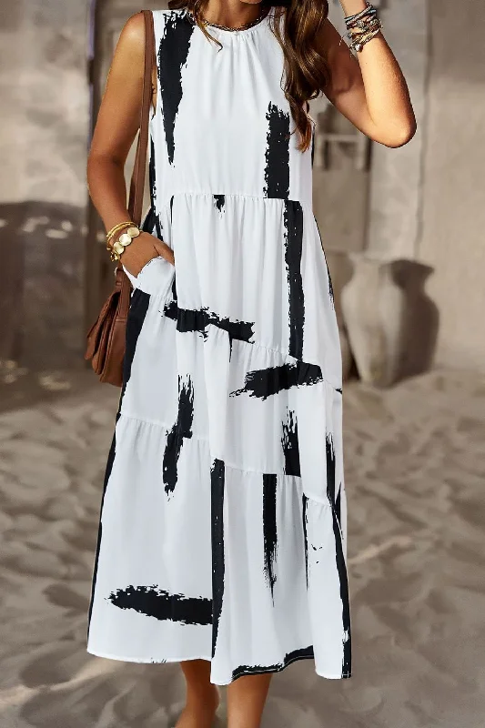 Sophisticated Style Printed Sleeveless Midi Dress with Pocket