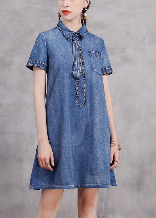 Stylish And Comfortable Clothing For Women Cute Blue Peter Pan Collar Necktie Embroideried Cotton Denim Dresses Short Sleeve Stylish And Comfortable Clothing For Women Cute Blue Peter Pan Collar Necktie Embroideried Cotton Denim Dresses Short Sleeve
