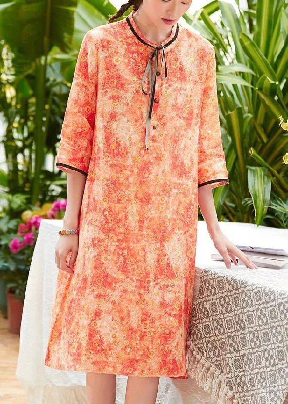 Luxury Women's Clothing Classy o neck pockets half sleeve linen Wardrobes Sewing orange print Dress summer Luxury Women's Clothing Classy o neck pockets half sleeve linen Wardrobes Sewing orange print Dress summer
