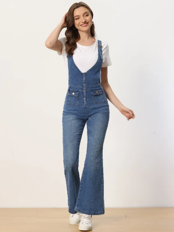 Trendy Boutique Online Casual Denim Jumpsuits V Neck Zip Up Bell Bottom Jeans Overall