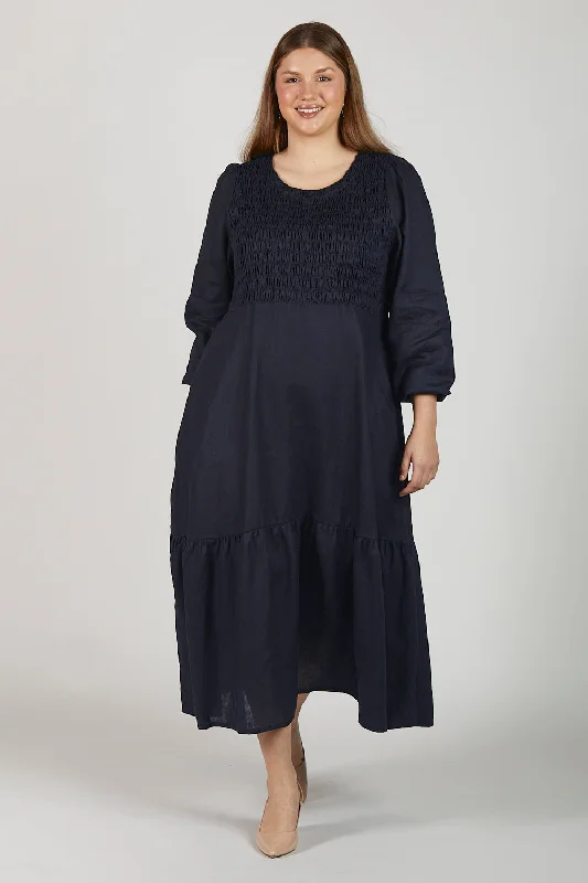 Women's Evening Clothing Minden Linen Long Sleeve Shirred Dress in Navy