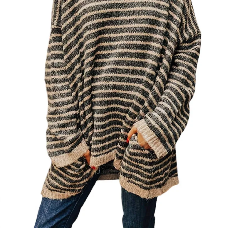Stylish Outerwear Clothes For Women Striped Turtleneck Pullover Sweater In Black/brown