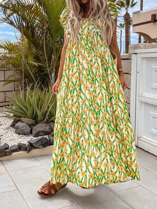 Affordable Women's Clothes Printed Bare Back Ruffle Sleeve Dress