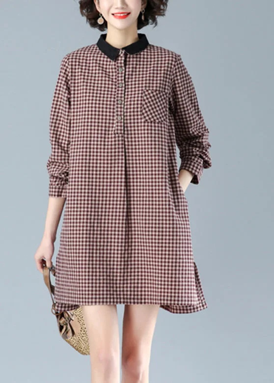 Elegant Women's Clothing Red Plaid Peter Pan Collar Button Cotton Mid Dress Fall