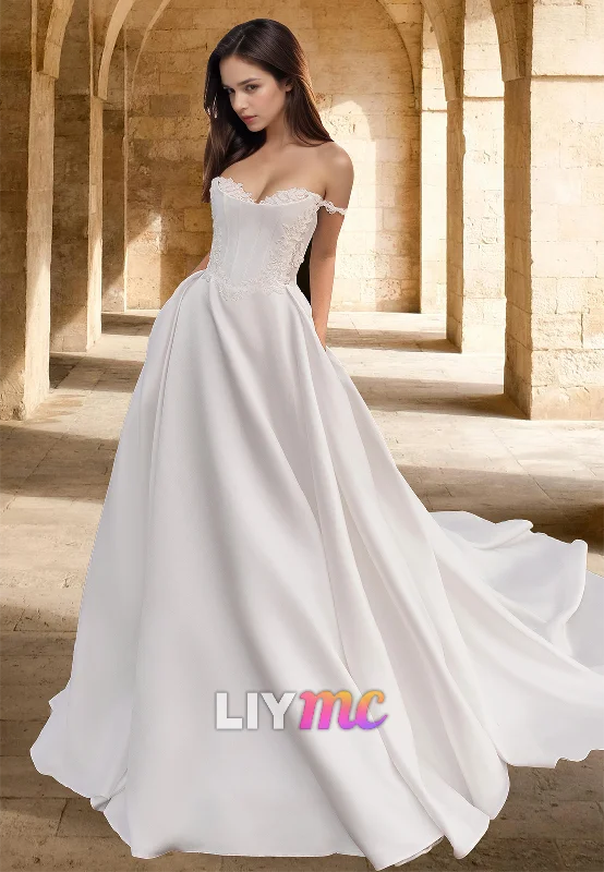 Women's Office Clothing Off-Shoulder Sleeveless Floral Appliques Pleated A-Line Weddimng Dress