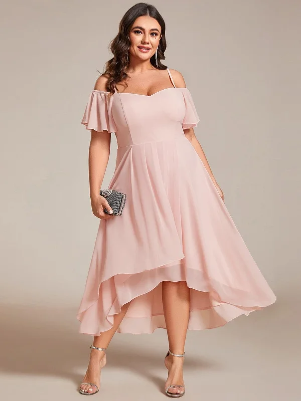 Sale Clearance Plus Size Cold Shoulder Sweetheart Necklin Chiffon Midi Wedding Guest Dress