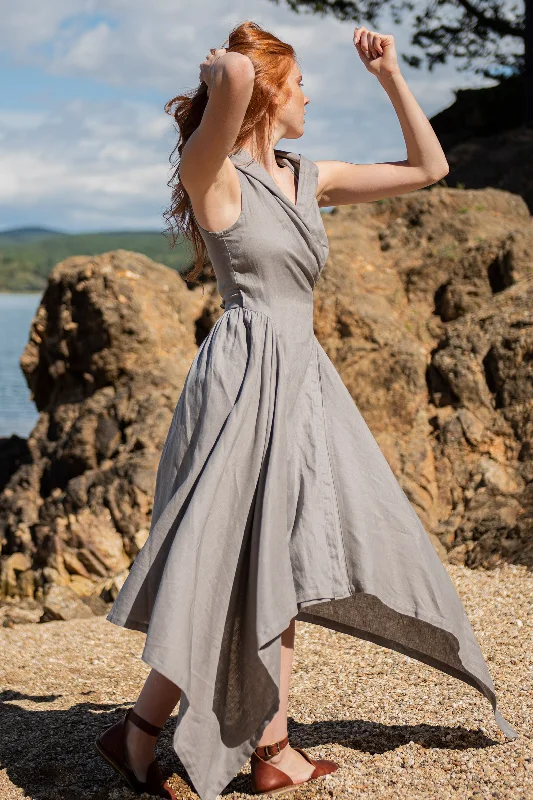 Classic Women's Clothing Styles Hooded Linen Asymmetric Dress